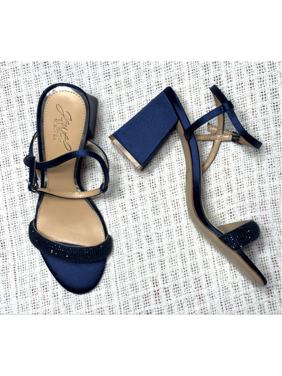 Badgley Mischka Shoes - Jewel Badgley Mischka Strappy Navy Satin Rhinestone Block Heel SZ 7 Formal Party